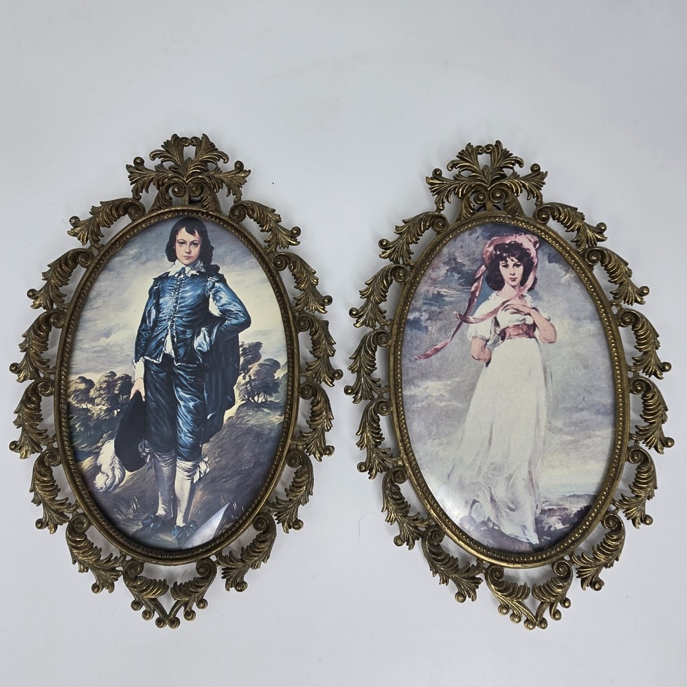 VTG Blue Boy & Pinkie Ornate Brass Oval Frames Pair Dark Academia Grandmillennia